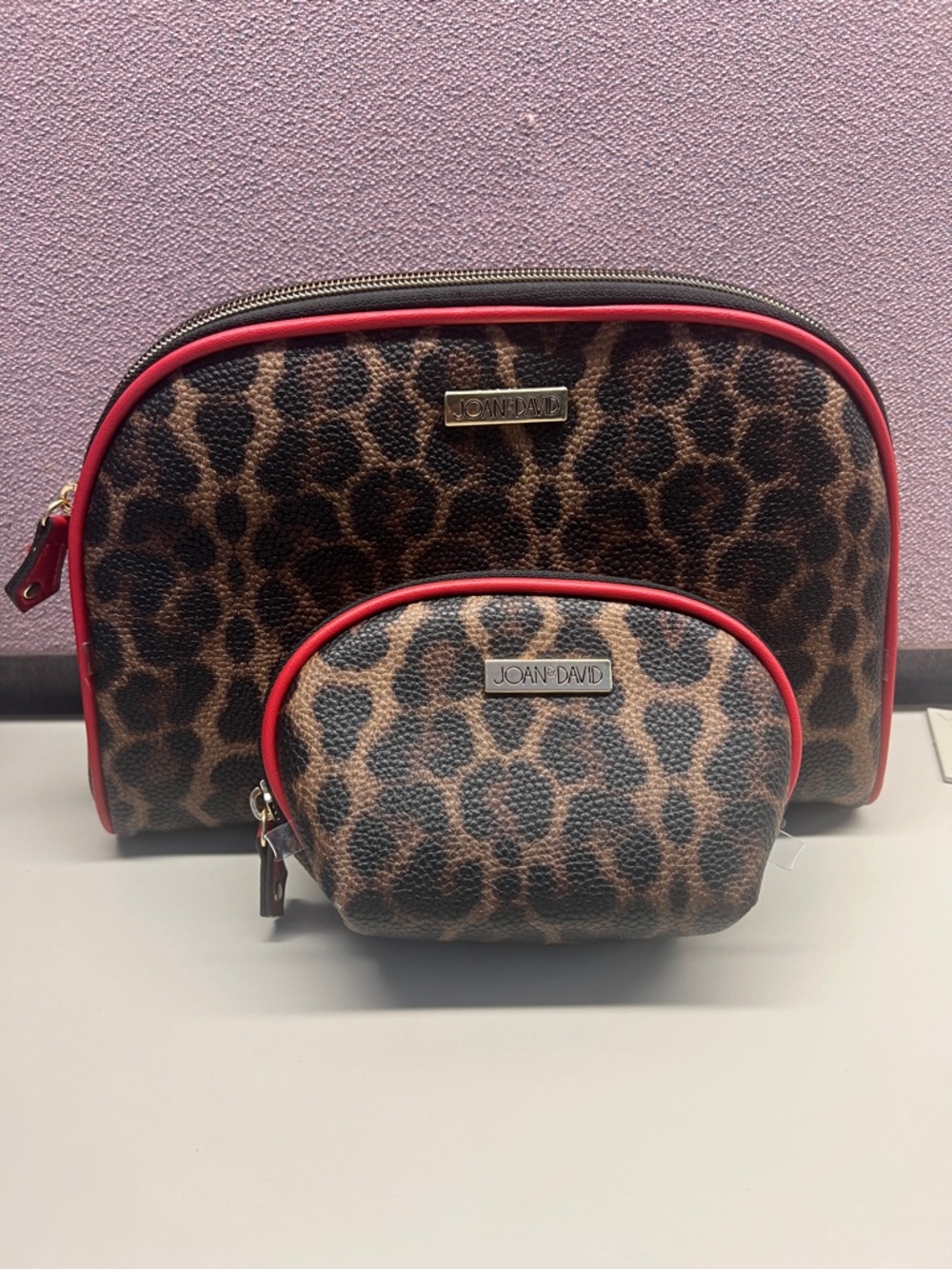 Joan & David Leopard Print Cosmetic Pouch Set in Brown with Red Trim